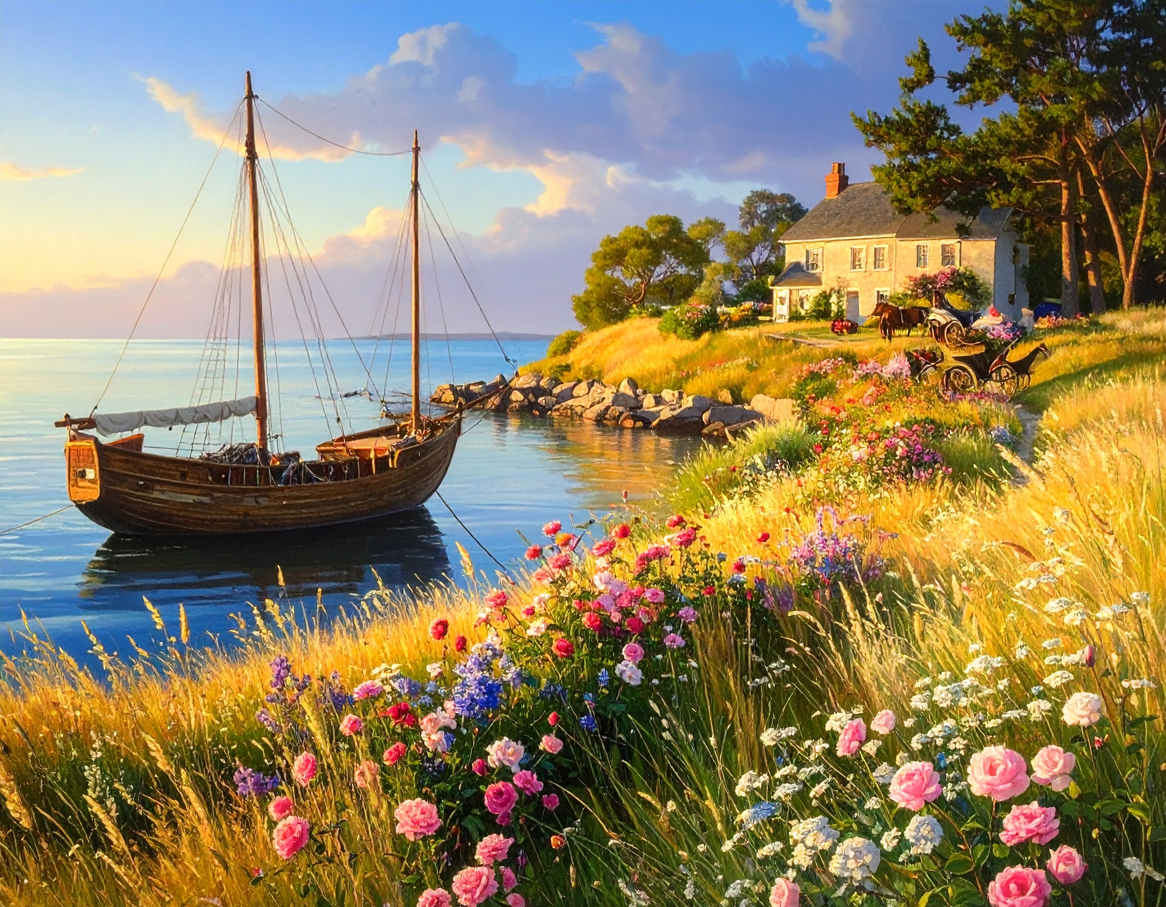 Tokes skib for anker ved det rolige vand; et lyst hus med blomster og varme vinduer i aftensol